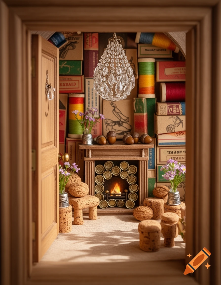 A miniature fantasy room made from corks, walnuts, and spools of thread, featuring a tiny fireplace and chandelier, viewed through an open wooden doorway.