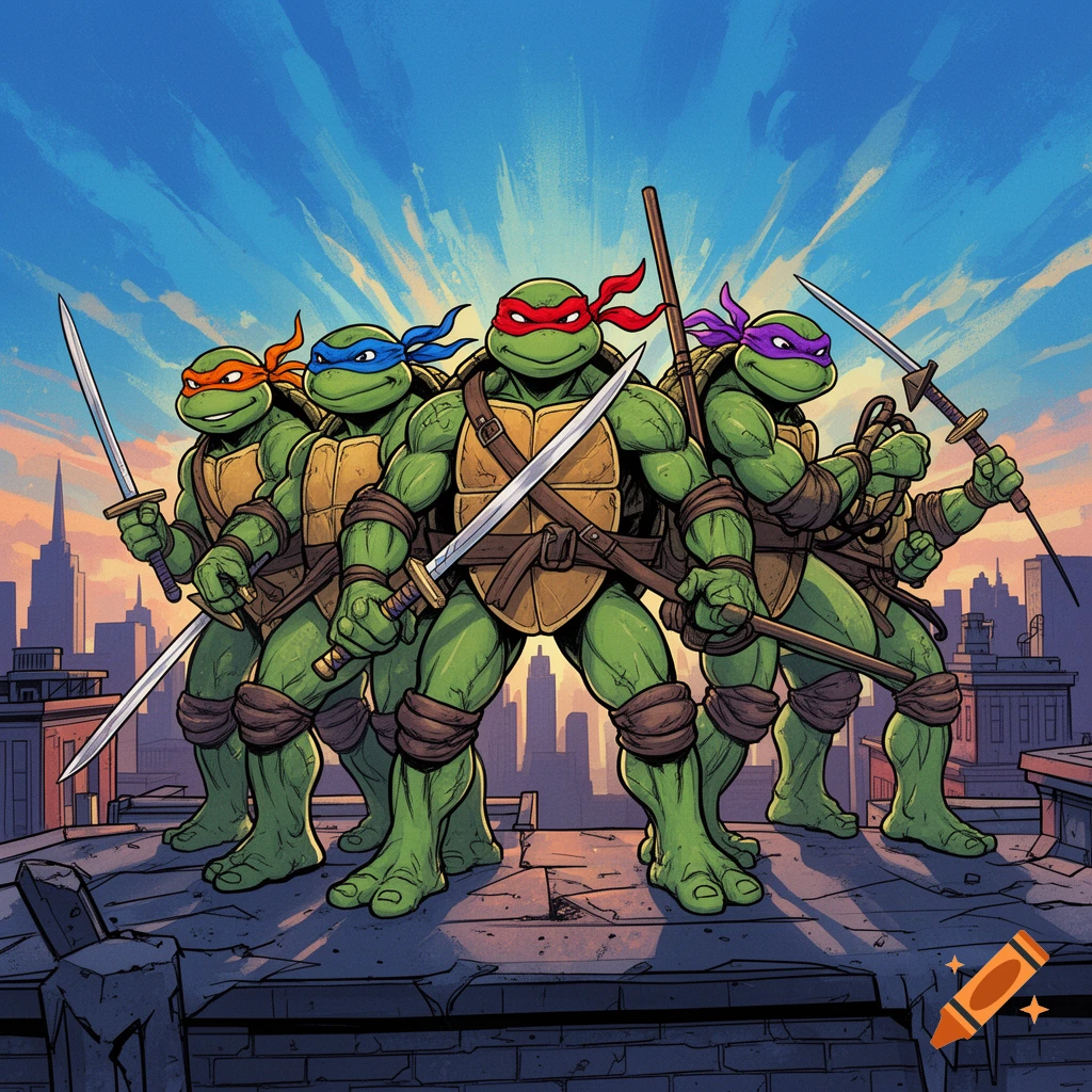 Four Teenage Mutant Ninja Turtles stand heroically on a rooftop with swords and staffs, against a sunset cityscape, in a comic book style.