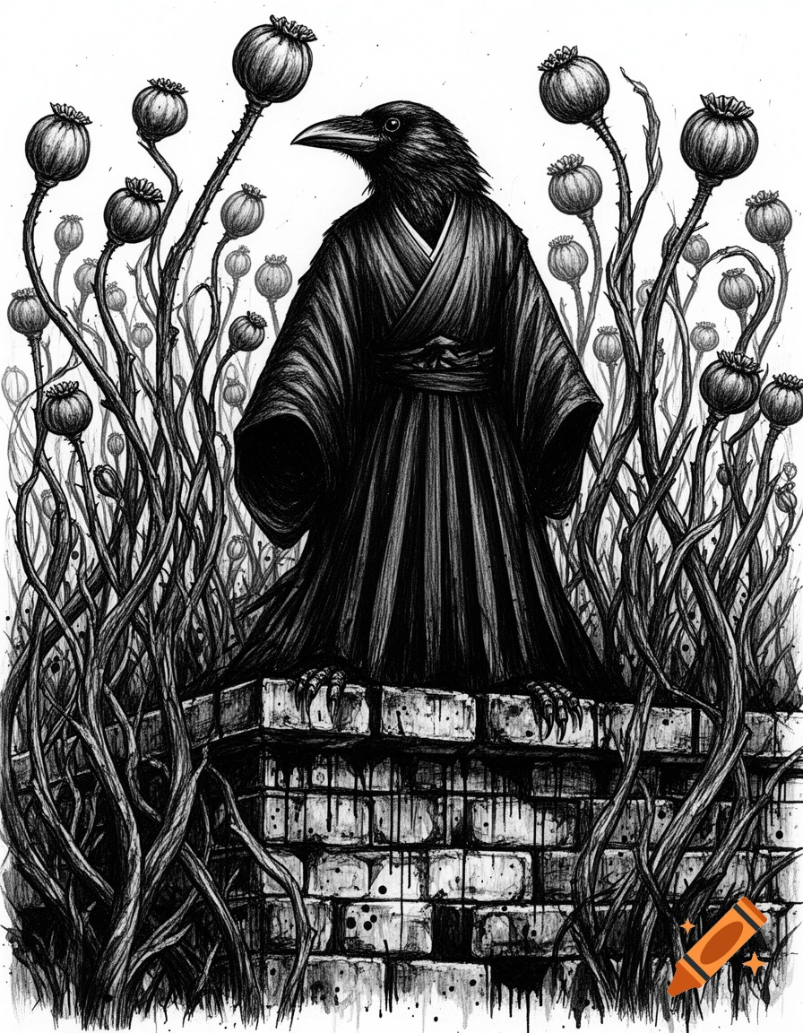 A black ink drawing of a crow in monk robes perched on a brick wall, surrounded by tall opium poppy plants.