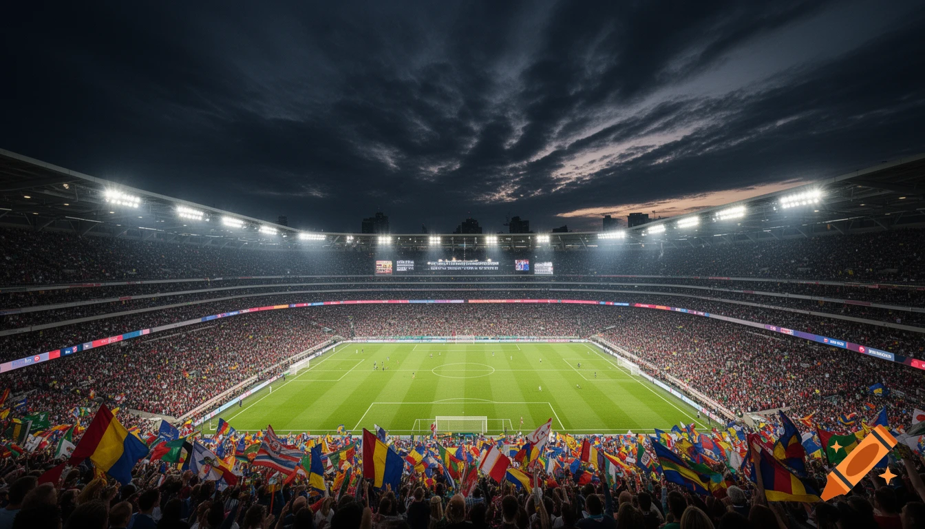 Panoramic view of a packed soccer stadium at night, brightly lit, with thousands of fans waving flags under a dramatic sky.