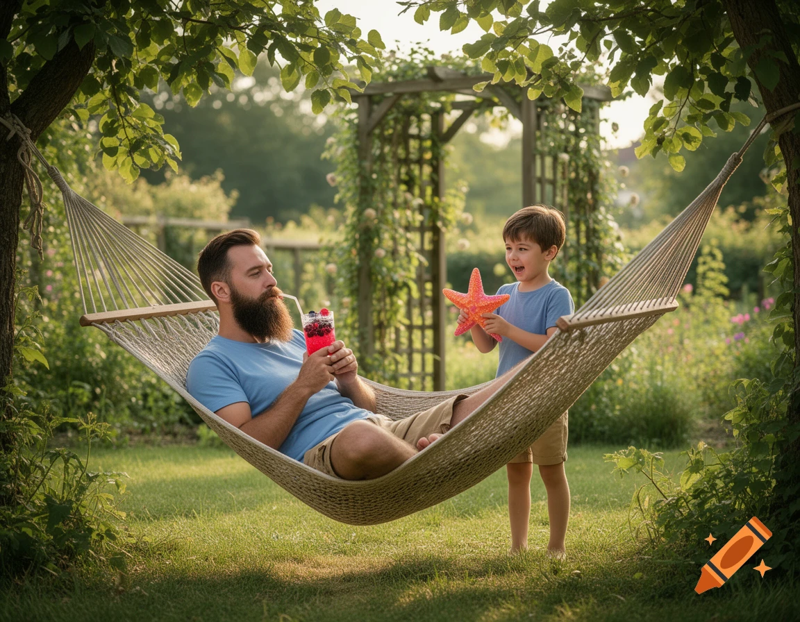A bearded man sips a drink in a hammock in a sunny garden, while a boy stands beside him holding a starfish.