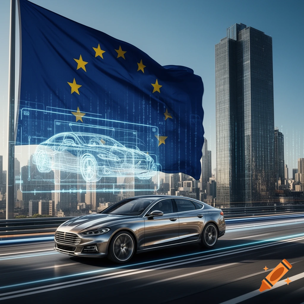 A silver sedan on a highway with a city skyline, a large EU flag, and a holographic car blueprint.