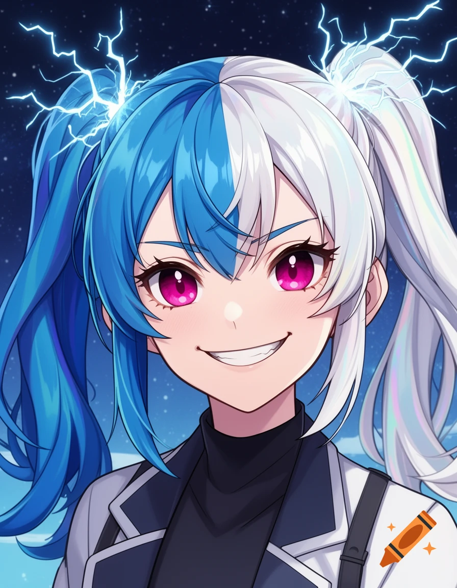 Anime girl with split blue and white pigtails, magenta eyes, and a mischievous grin, with lightning bolts around her head against a dark starry sky.