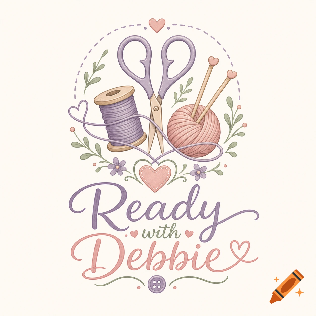 Illustrative logo with a spool of purple thread, lavender scissors, a pink ball of yarn with knitting needles, and decorative hearts and leaves surrounding the text 'Ready with Debbie'.