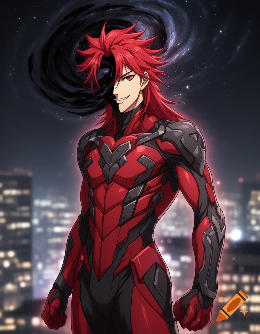 Anime-style guy in a red and black suit with red hair. Half his face is an endless void, and he's smirking against a starry cityscape.