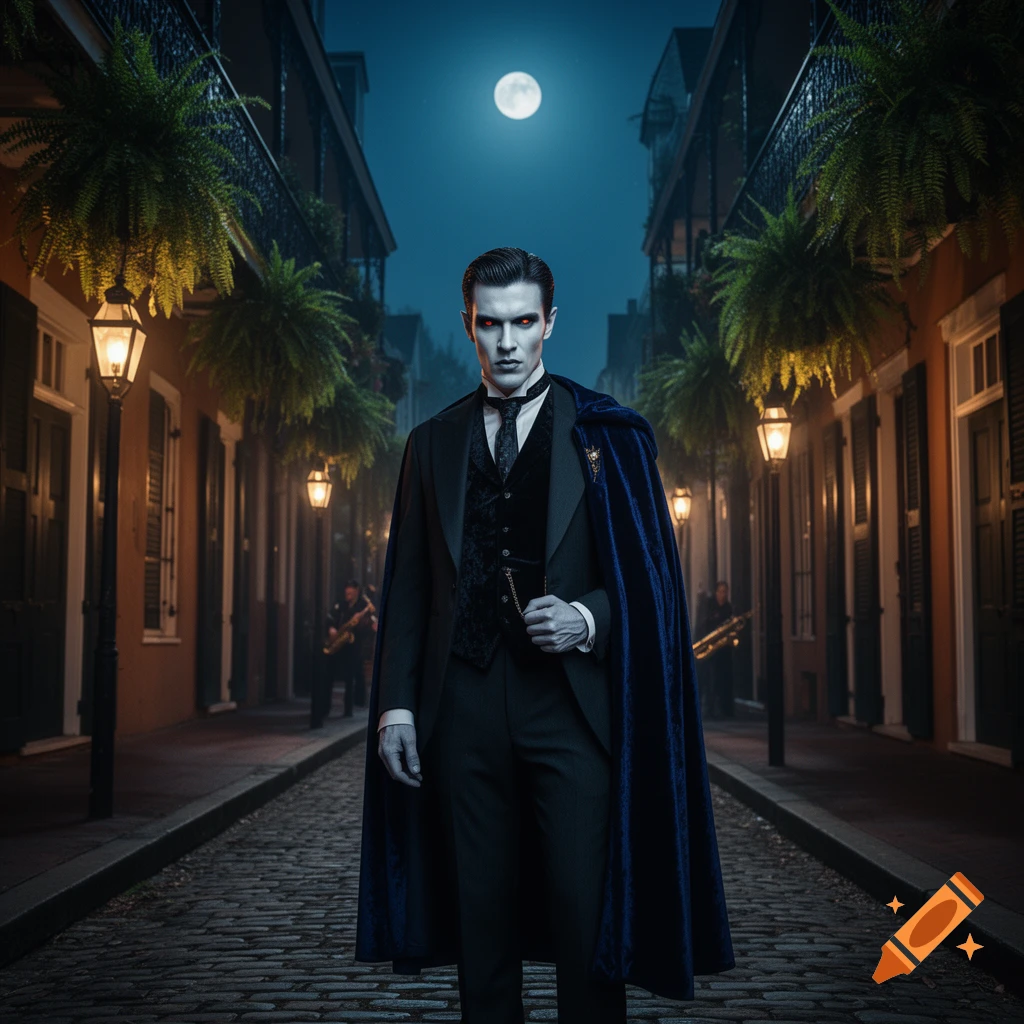 A photorealistic image of a pale vampire with glowing red eyes in a dark suit and blue cape standing on a cobblestone street at night under a full moon.