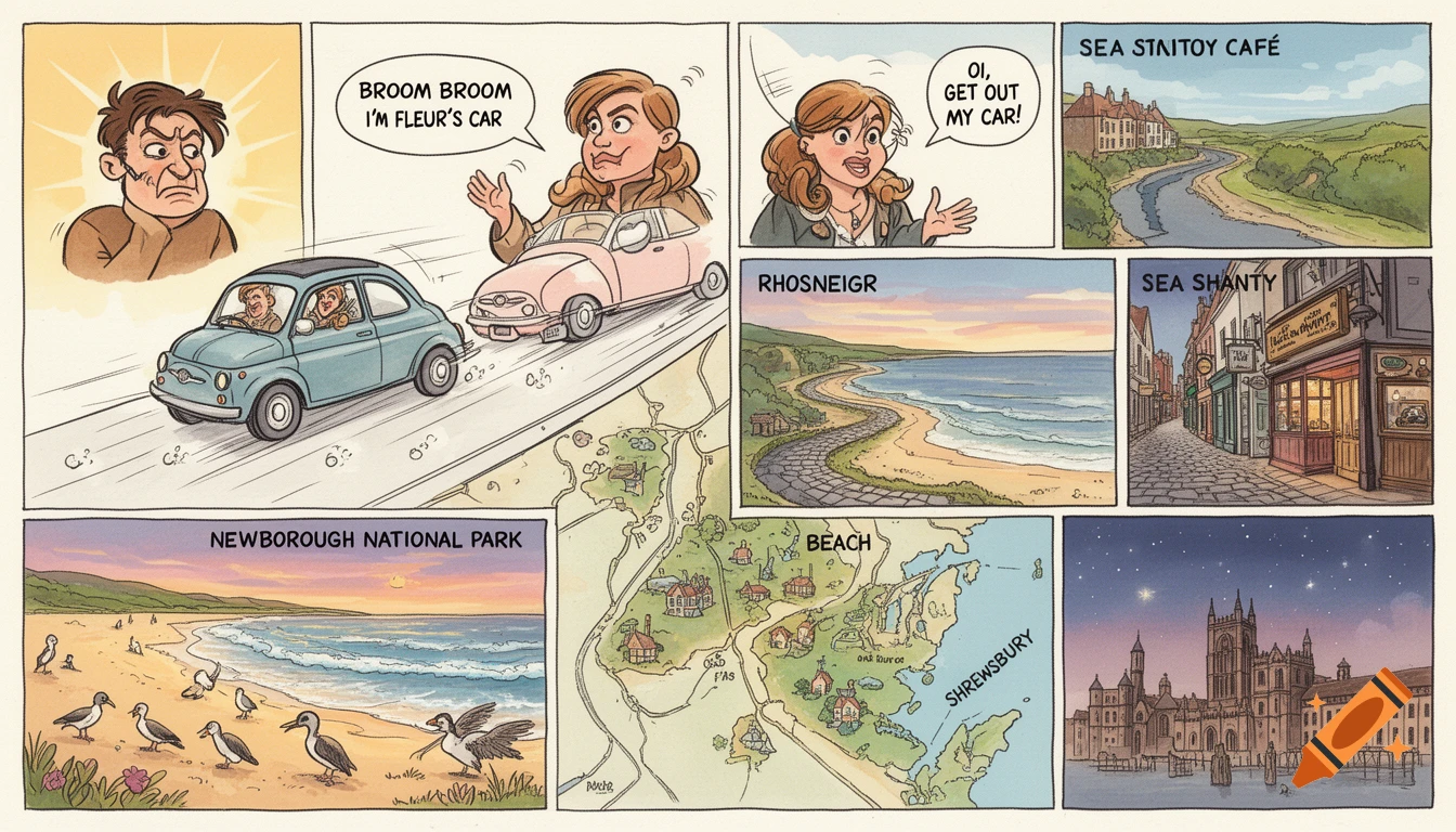 A comic strip map showing a car journey. Panels include people in cars with speech bubbles, various scenic locations like beaches and towns, a map, and a castle.