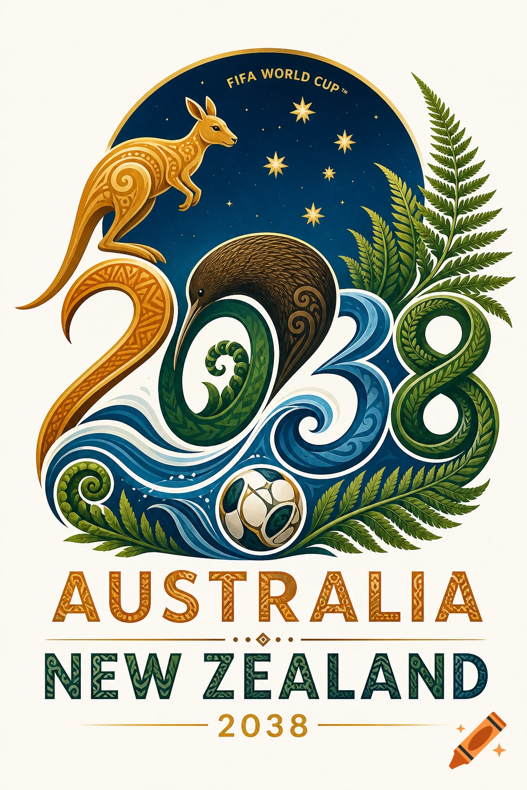 Stylized FIFA World Cup 2038 logo with a golden kangaroo, kiwi bird, blue waves, green ferns, soccer ball, and text 'Australia New Zealand'.