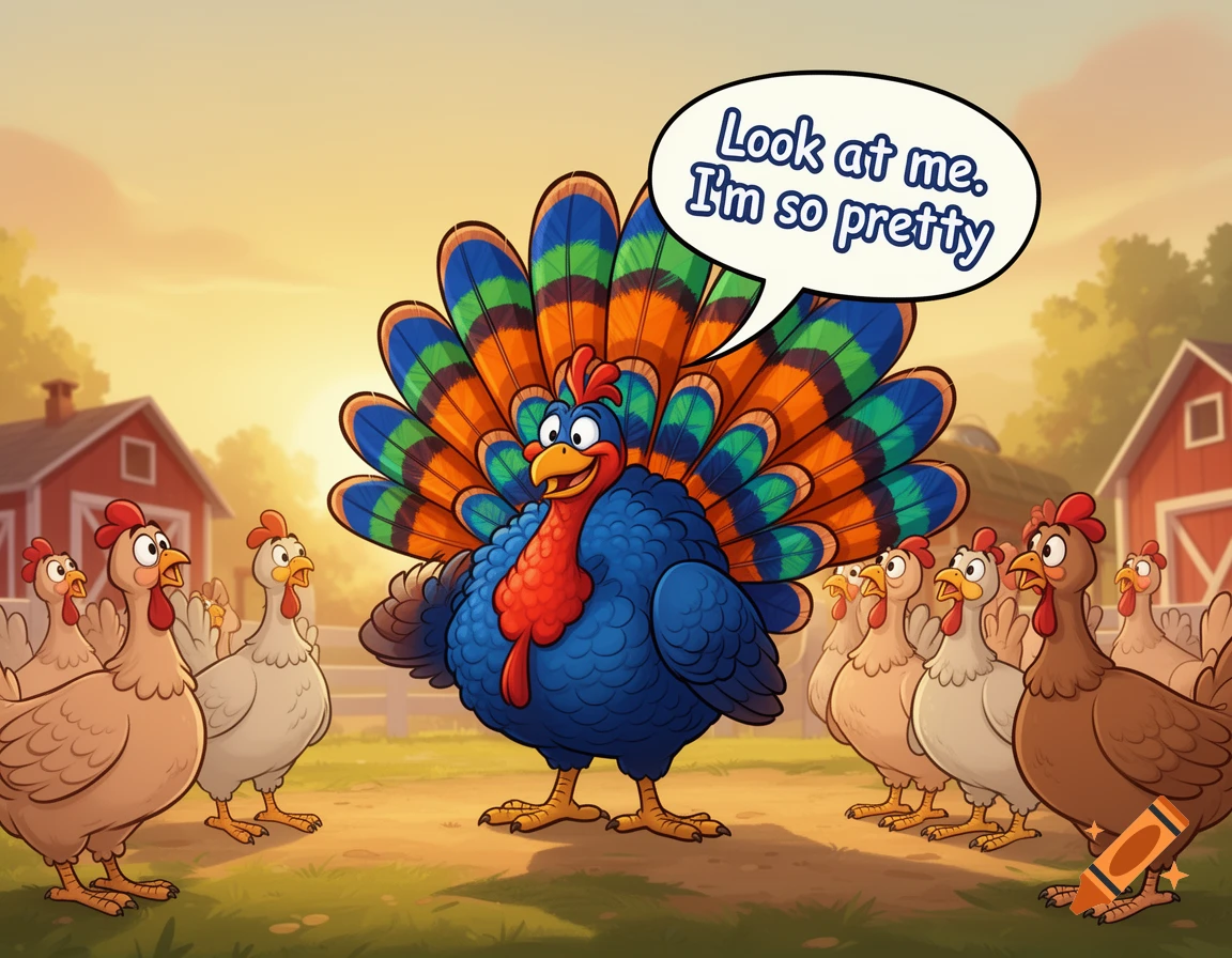 A cartoon blue turkey with a colorful fanned tail boasts 'Look at me. I'm so pretty' to surrounding hens on a farm.