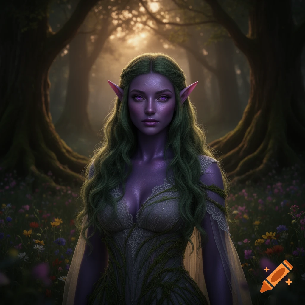 A female elf with dusky purple skin, mossy green hair, and purple eyes stands in a magical, sunlit forest.