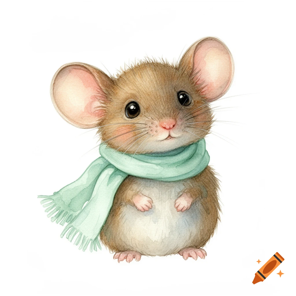 Cute watercolor painting of a brown mouse with big ears wearing a light green scarf.