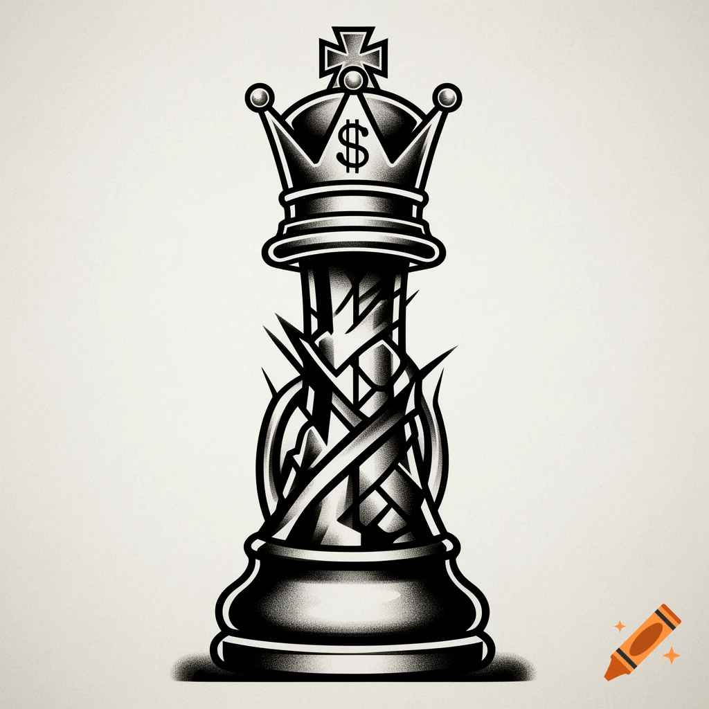 Black and white tattoo style chess king with a dollar sign crown and thorny vines.