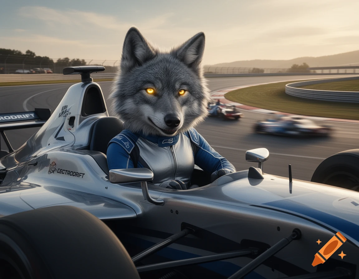 Photorealistic gray wolf with golden eyes driving a silver and blue open-wheel race car on a track.