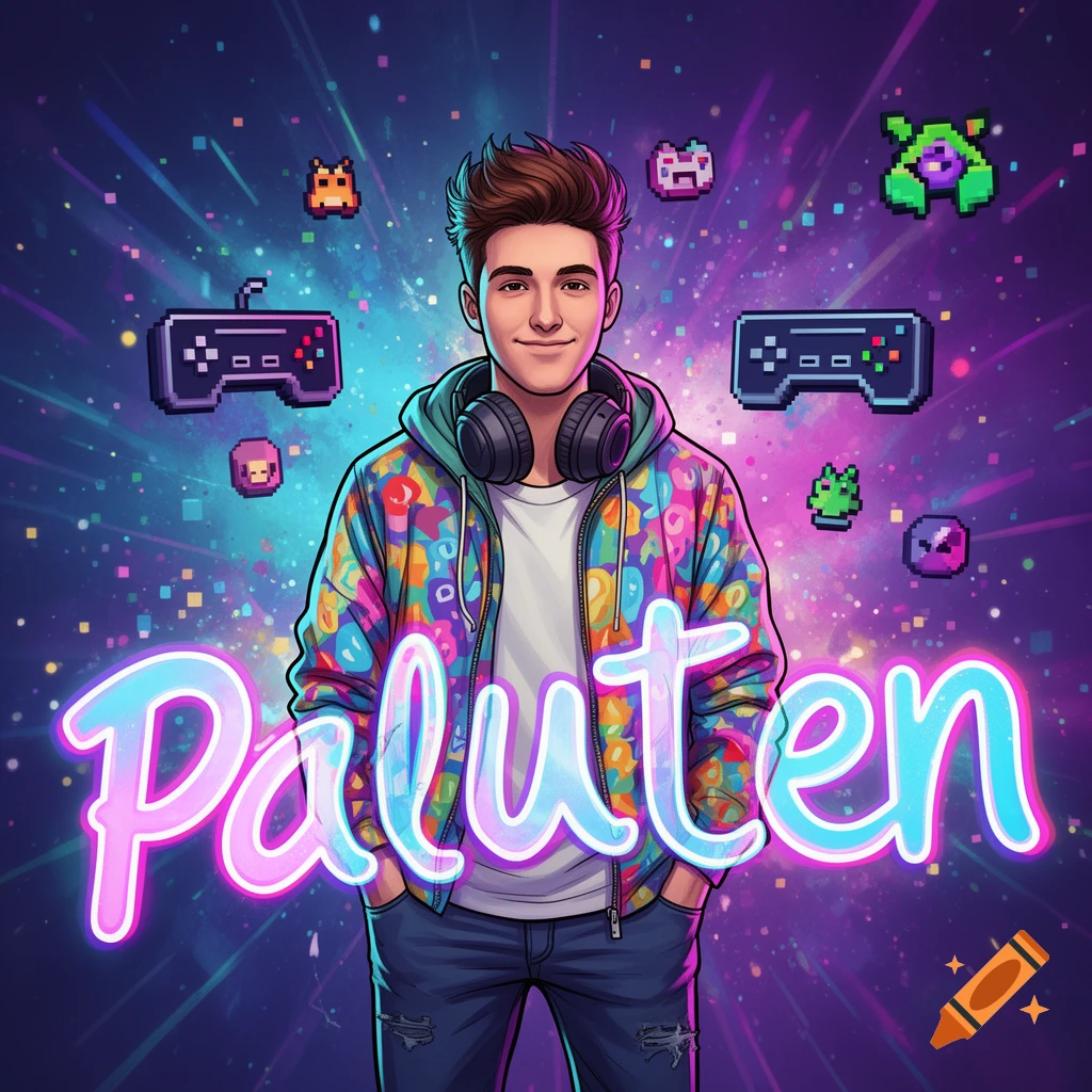 A young man with headphones and a colorful hoodie stands against a vibrant, pixelated gaming background with neon text "Paluten".