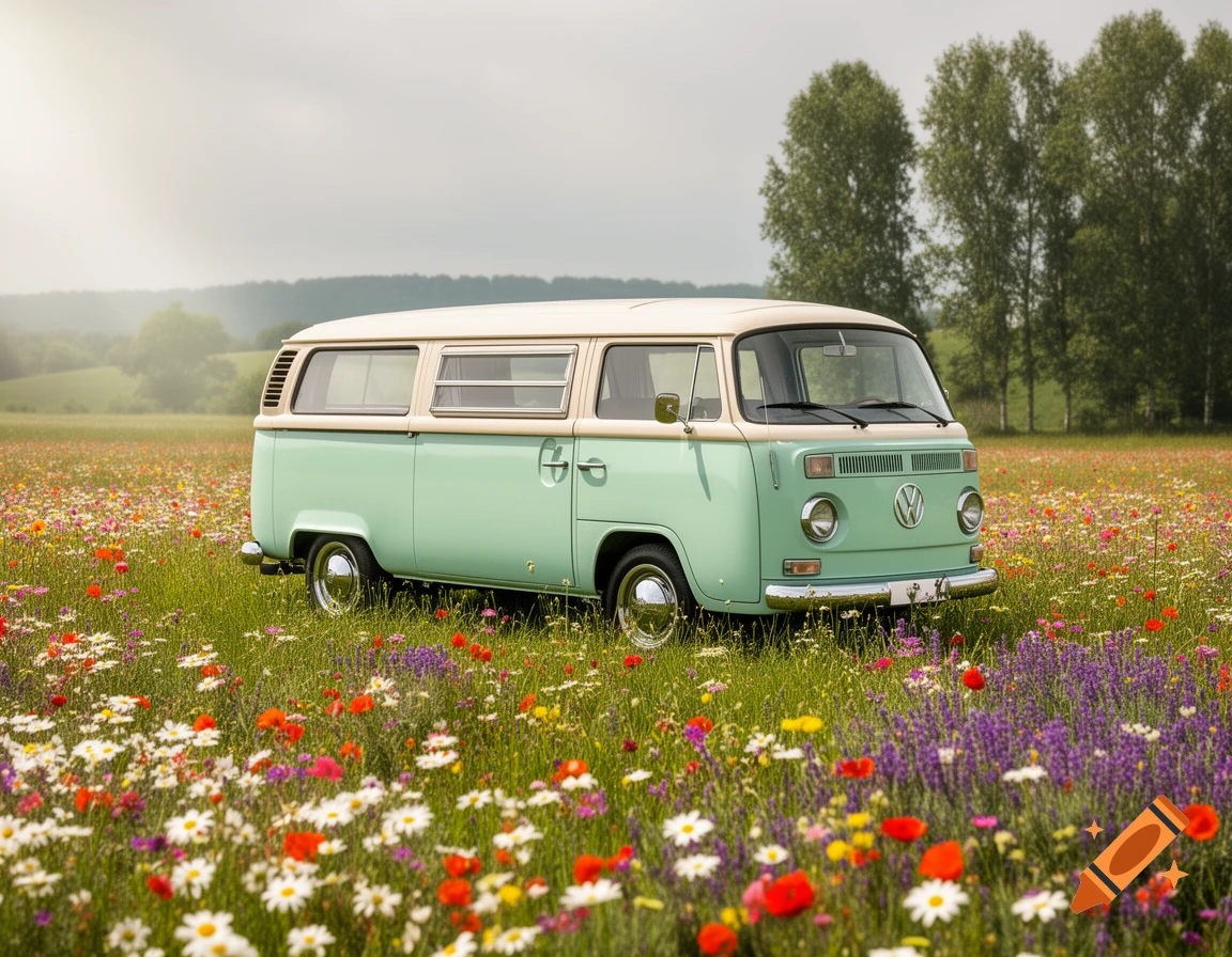 A vintage light green and cream Volkswagen camper van parked in a vibrant field of colorful wildflowers under a cloudy sky.
