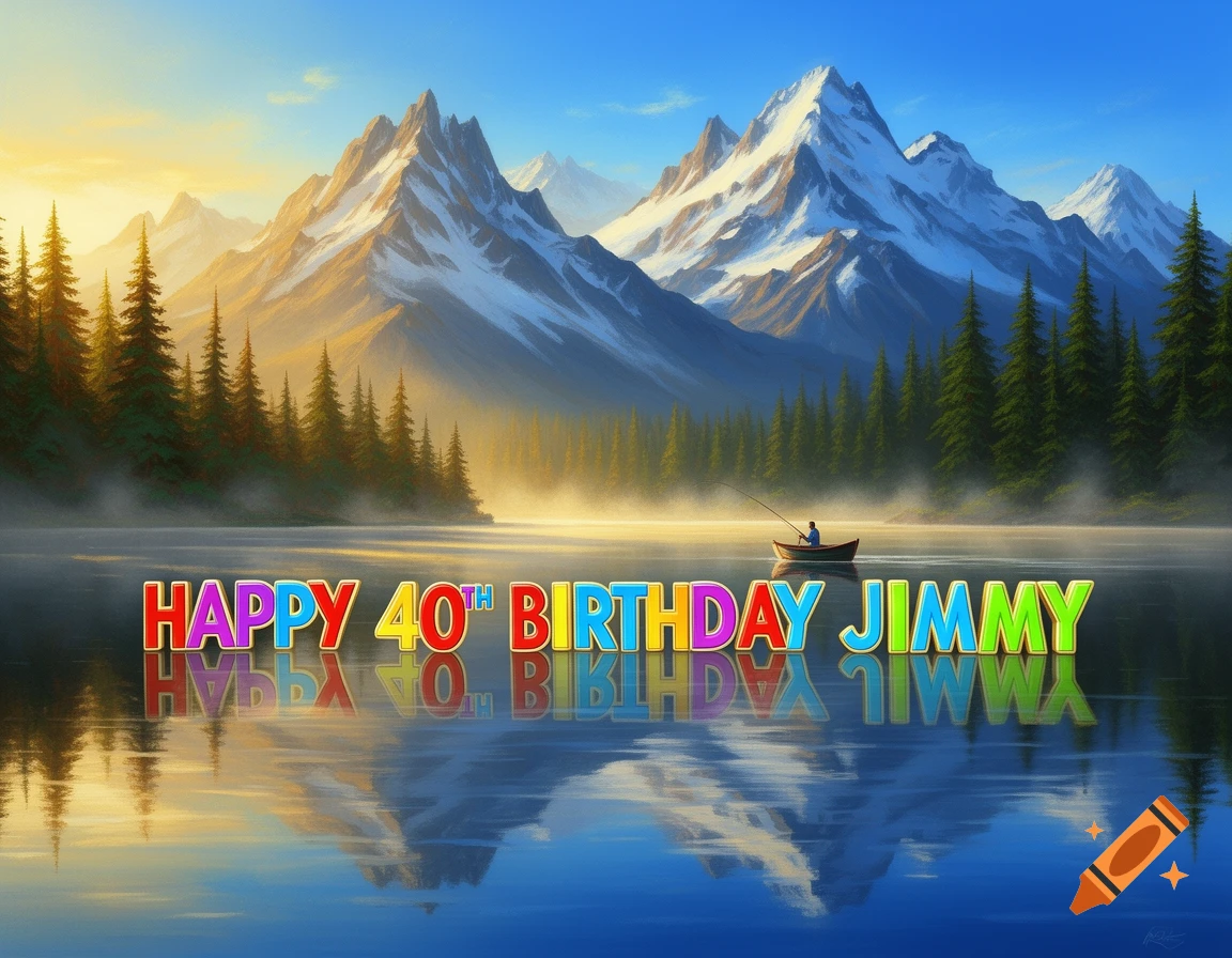 Colorful 'Happy 40th Birthday Jimmy' text over a lake with a fisherman, snow-capped mountains, and evergreen trees.