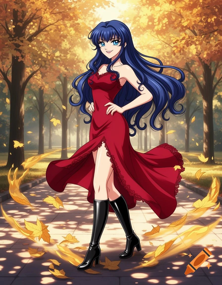 An anime woman with long blue hair and a red dress stands on a path in an autumn park with golden leaves, digital art.