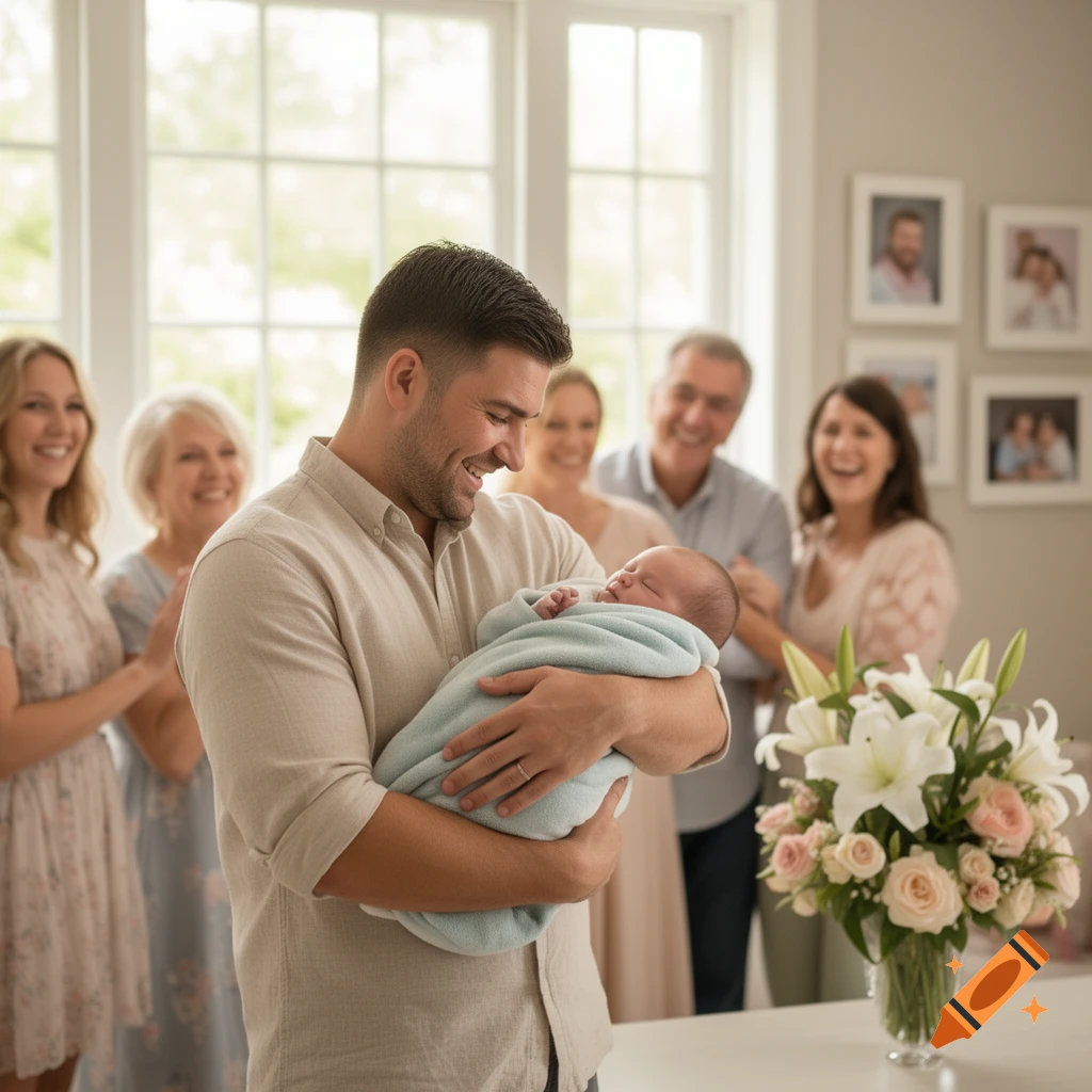 A smiling man holds a swaddled newborn baby, surrounded by a happy, smiling family in a bright room with flowers on a table.