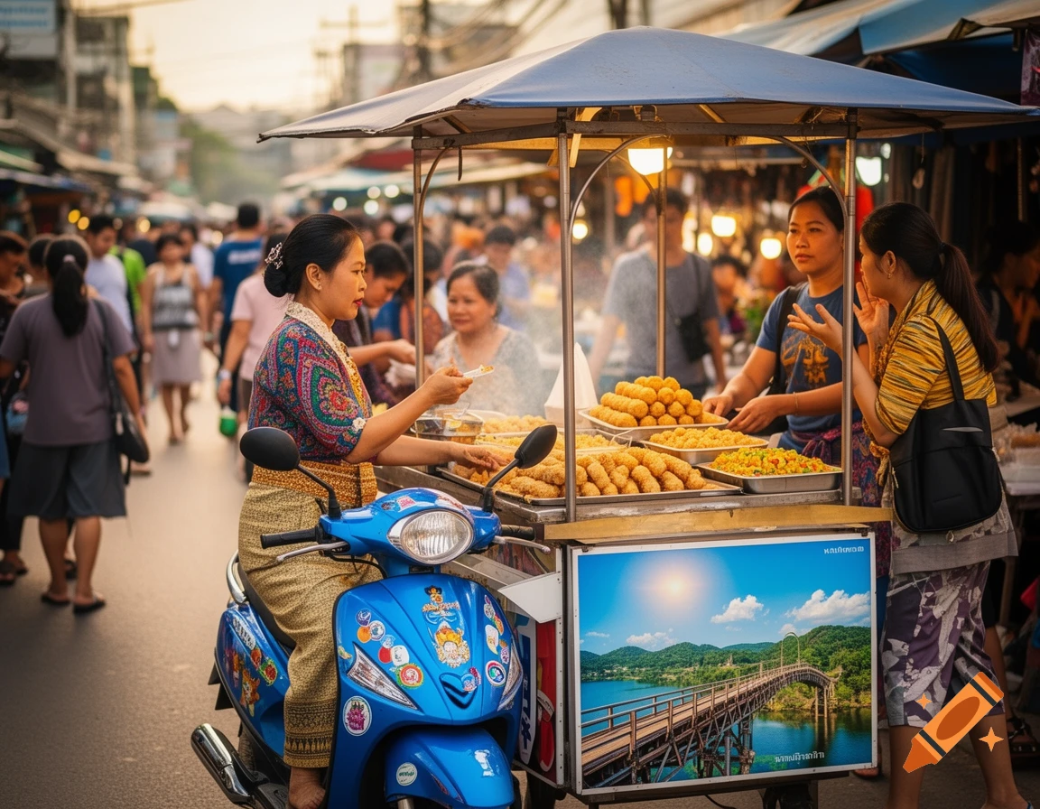 A Thai woman on a blue scooter with an attached food stall, selling various snacks at a busy outdoor market. Another woman is buying food. The stall has an ad for a bridge over a river.