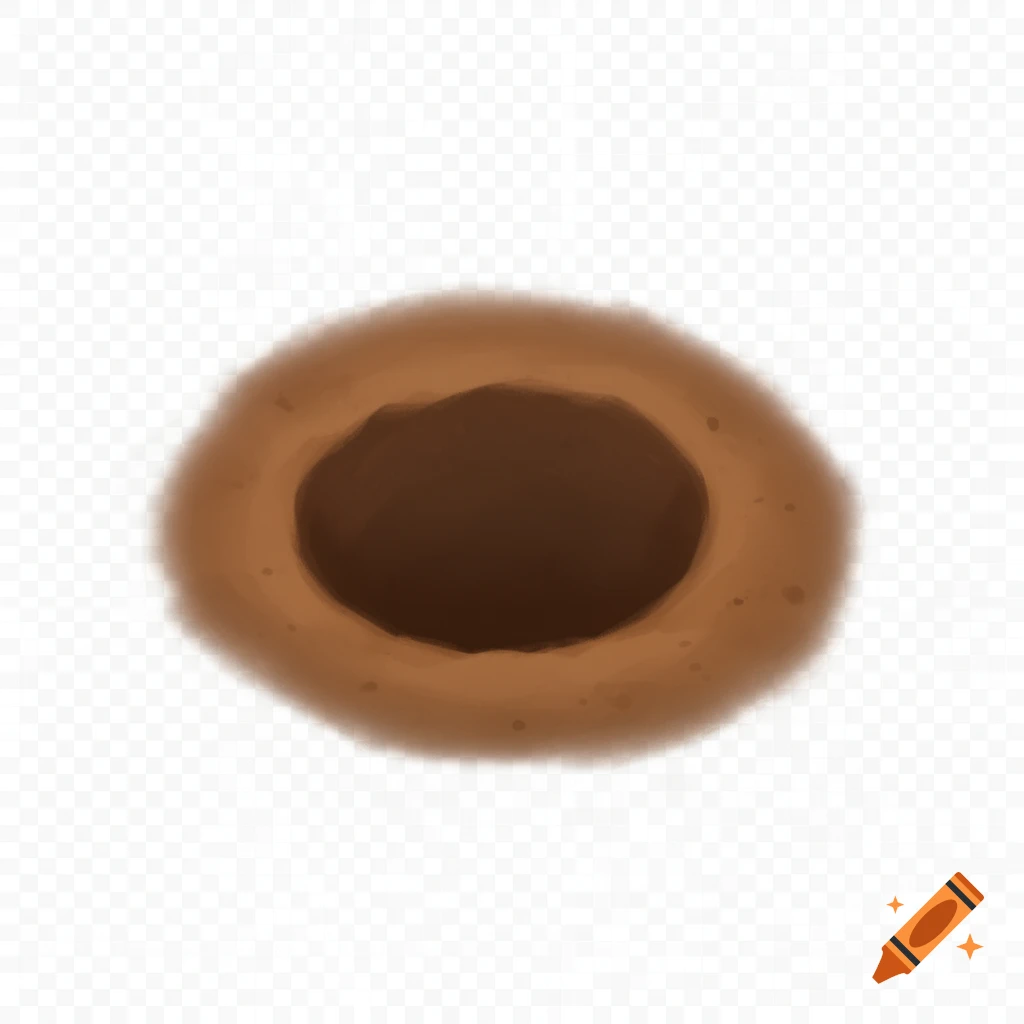 A cartoon-style mole hole, an empty dark brown hole surrounded by lighter brown earth, on a transparent background.
