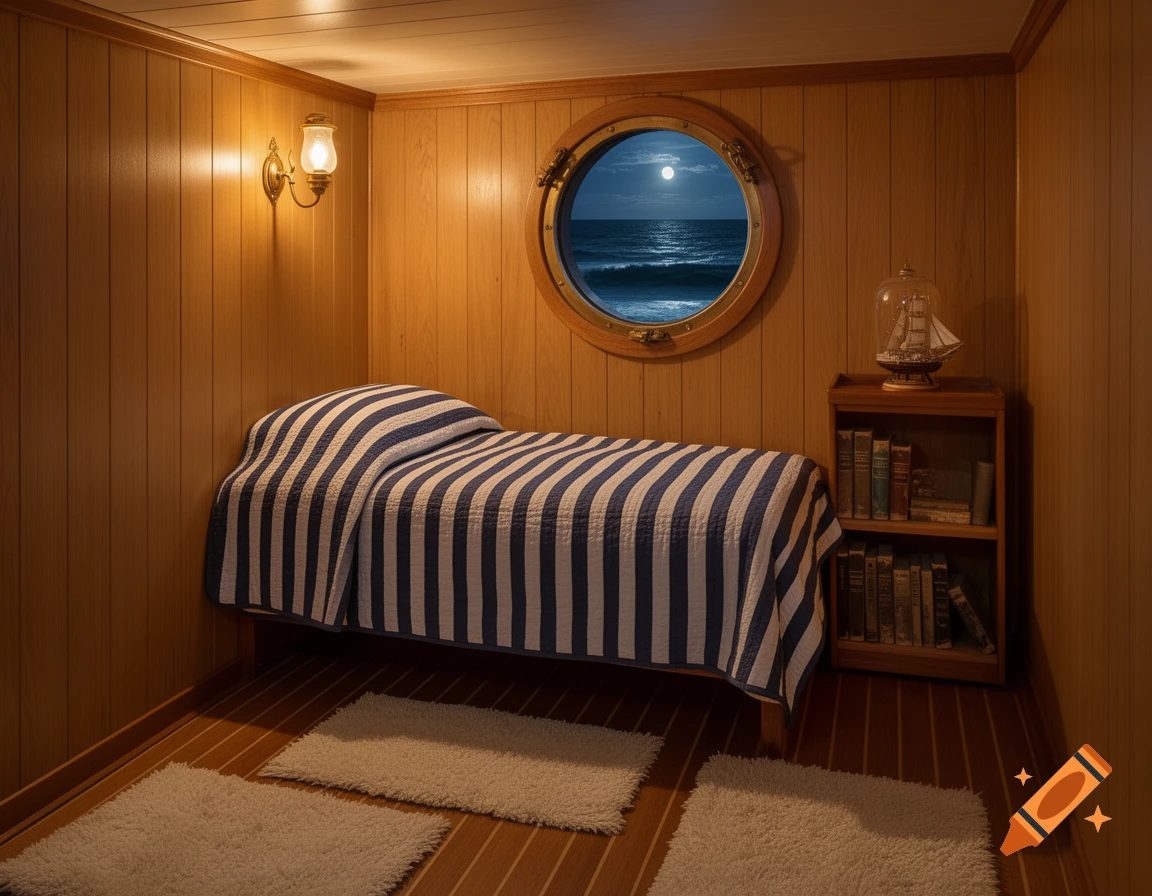 A cozy ship's bedroom with wood-paneled walls, a striped bed, a porthole showing a moonlit ocean, and a bookshelf.