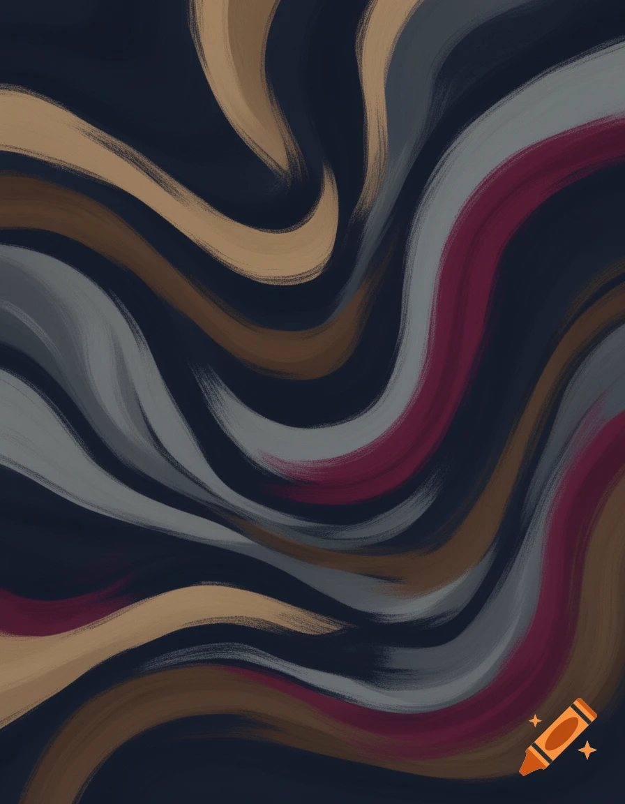 Abstract art with wavy brushstrokes in navy blue, tan, brown, grey, and cranberry.