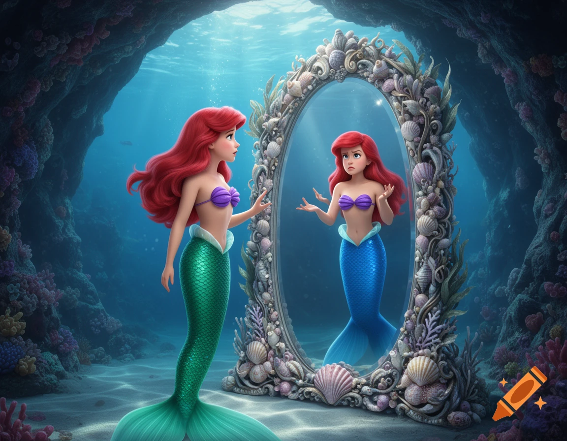 Ariel with a green tail and purple top looks into an ornate mirror, her reflection shows her with a blue tail and a frustrated expression underwater.