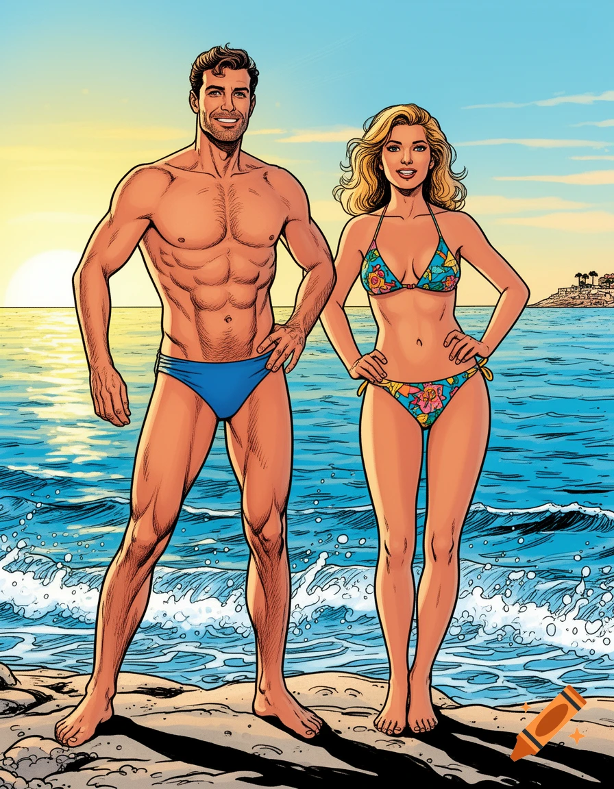 A comic book illustration of a man in blue swim briefs and a woman in a floral bikini smiling on a beach at sunset.