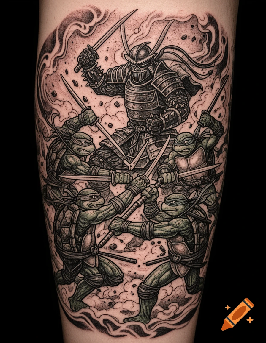Detailed engraving style tattoo of four Teenage Mutant Ninja Turtles fighting a samurai warrior.