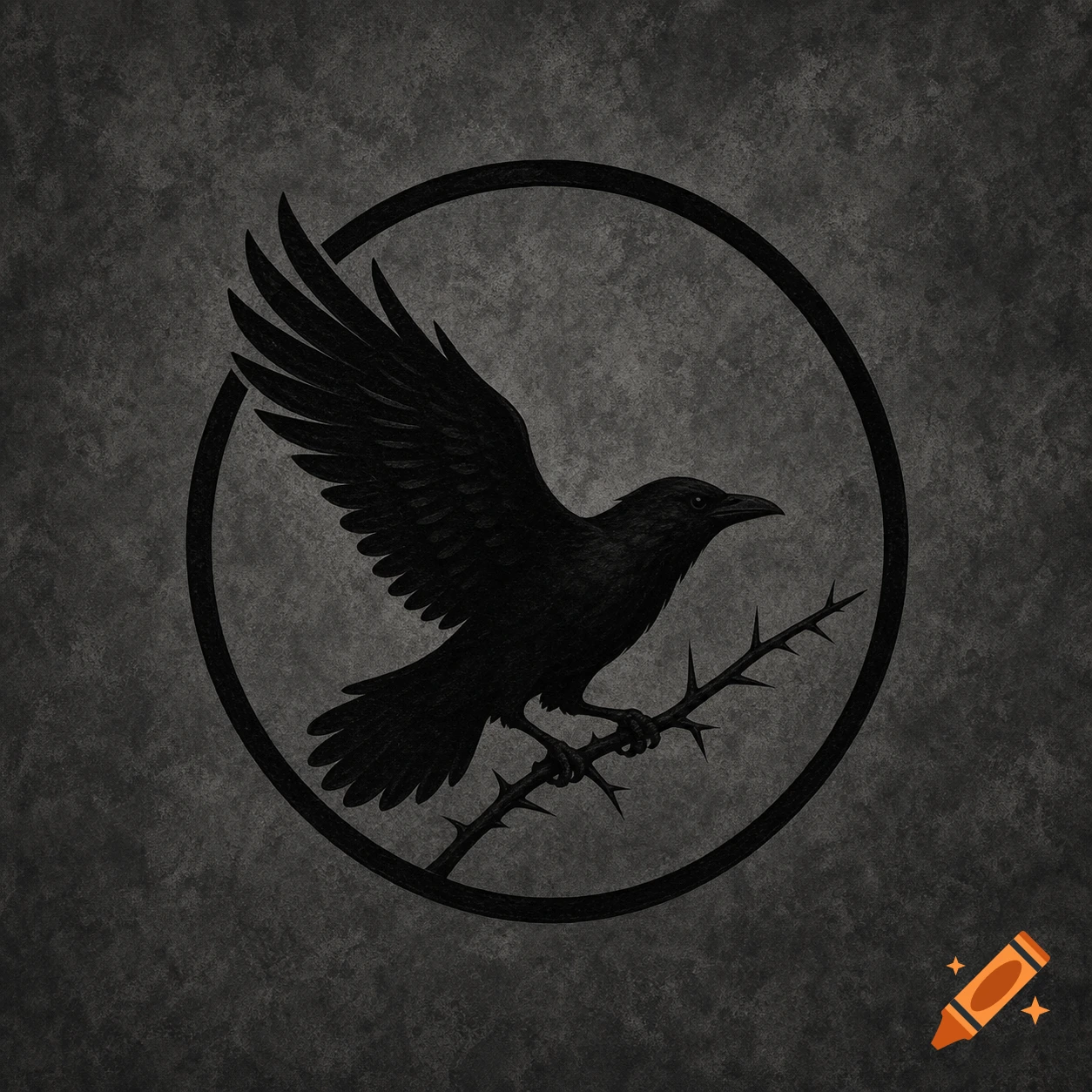 A black crow with spread wings perches on a thorny branch inside a black ring, against a dark gray textured background.