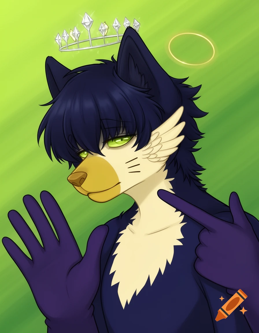 A stylized anthropomorphic canine character with dark blue hair, glowing green eyes, a diamond crown, and a faint halo, with large gloved hands.