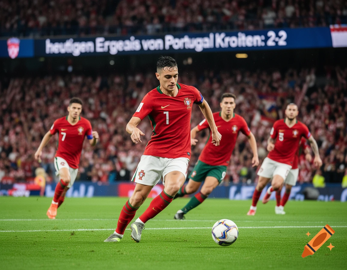 A soccer player in a red jersey with number 7 dribbles the ball on a green field during a game, with other players and a stadium crowd in the background.