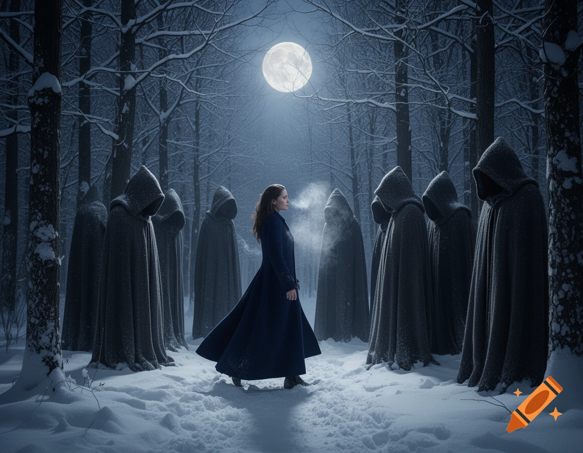 A woman in a blue coat stands in a snowy forest under a full moon, surrounded by hooded figures.