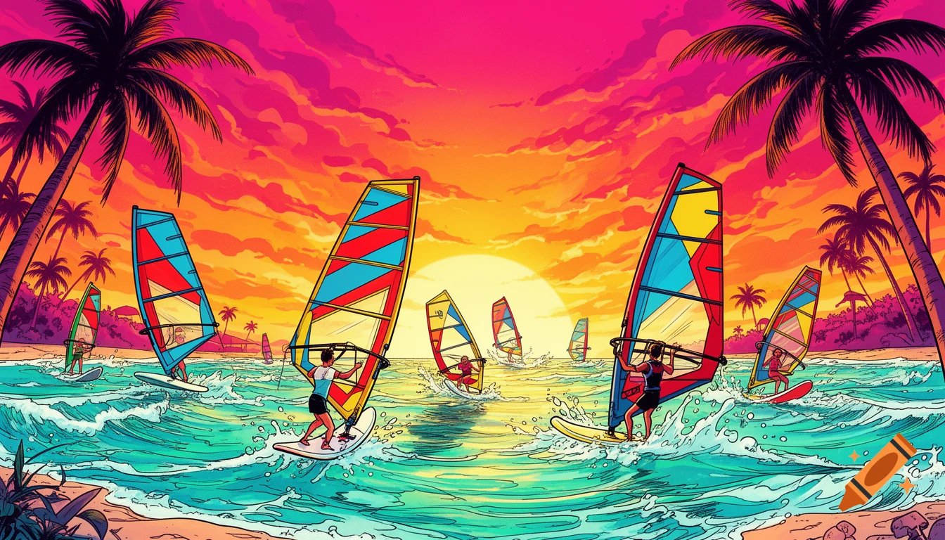 People windsurfing on waves at a tropical beach during sunset, depicted in a vibrant comic art style.