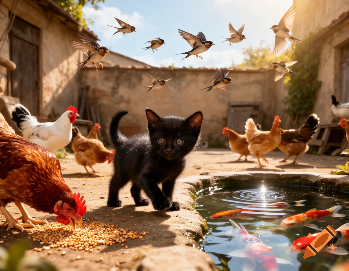A black kitten in a sunny courtyard with chickens, flying swallows, and koi fish in a pond.