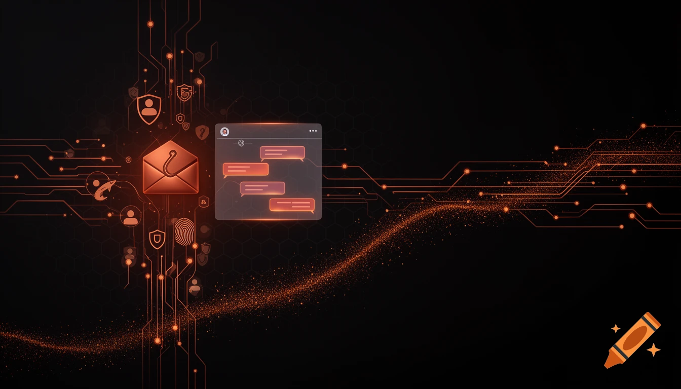 Abstract cybersecurity theme with glowing orange circuit lines, a phishing email icon, and chat window on a dark background.