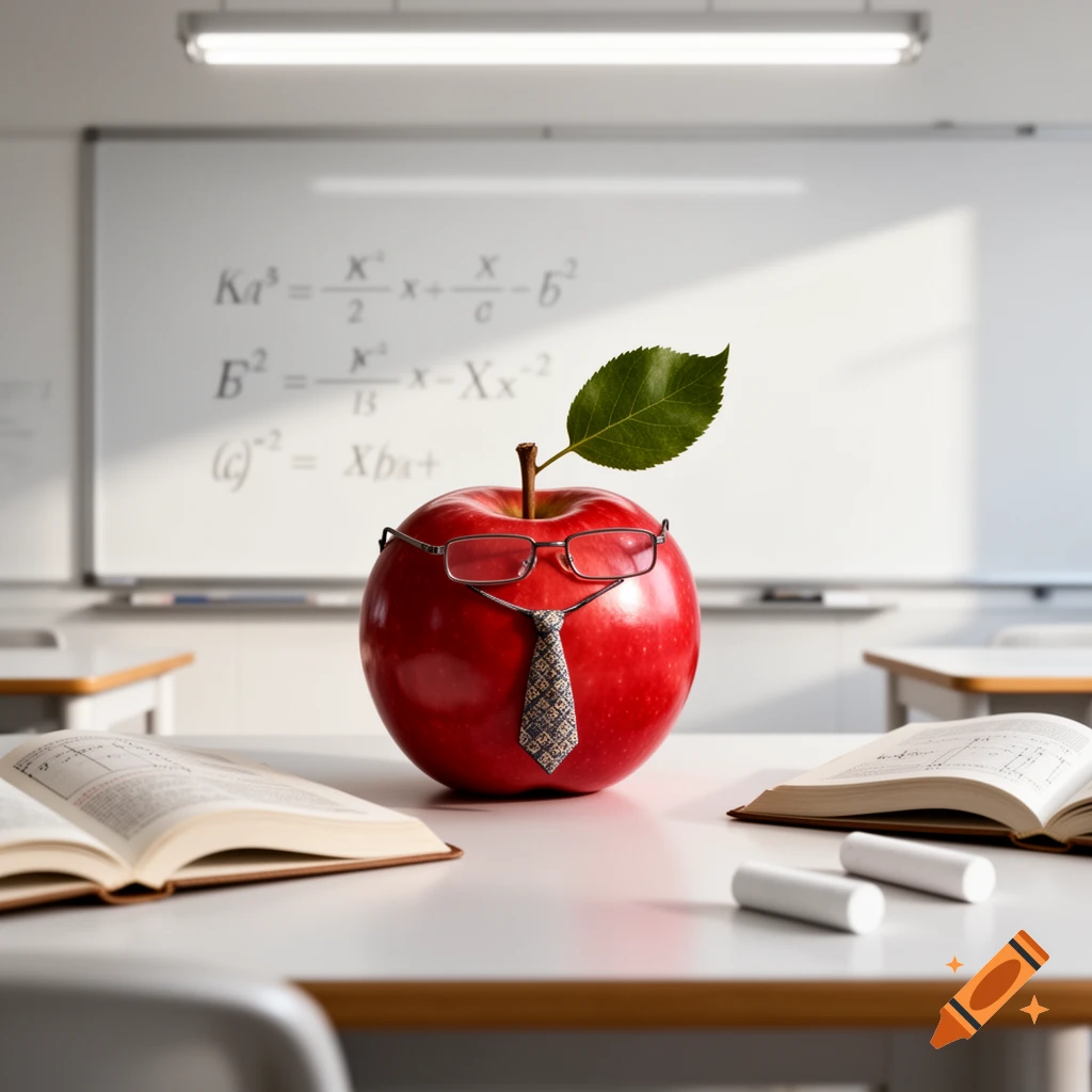 A photorealistic red apple with glasses and a patterned tie stands on a desk in a classroom, with a whiteboard showing math equations in the background.