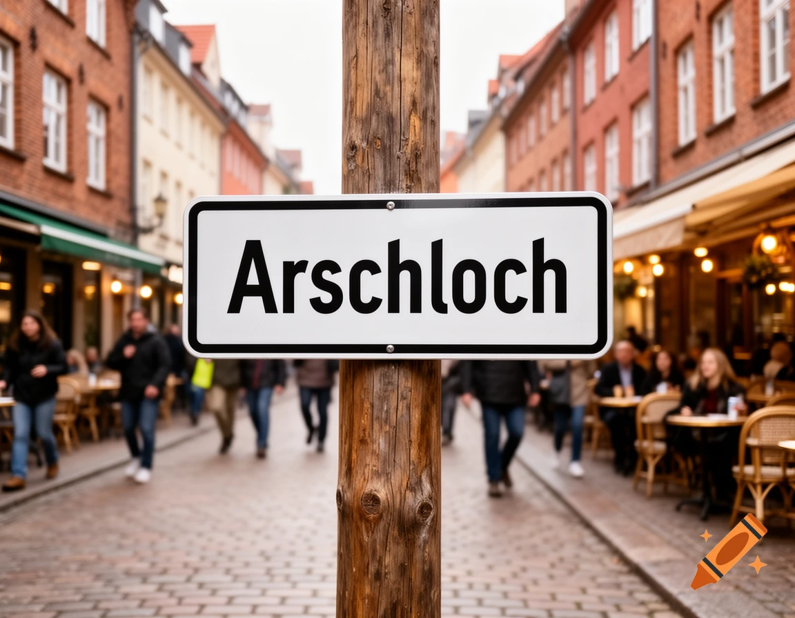 Photorealistic image of a white street sign displaying the word 'Arschloch' on a wooden pole in a European street scene.