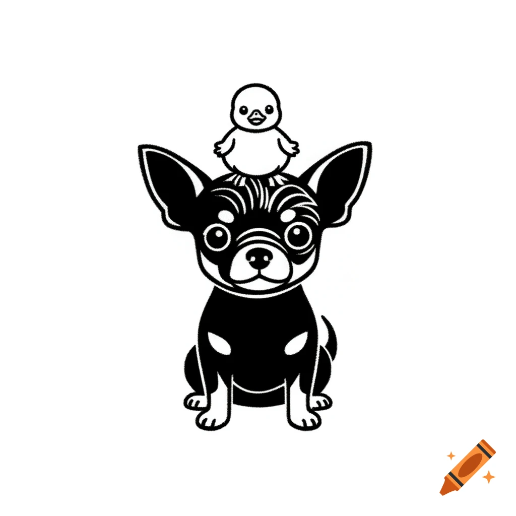 Black and white minimalist stencil of a sitting chihuahua with a baby duckling on its head, on a pure white background.