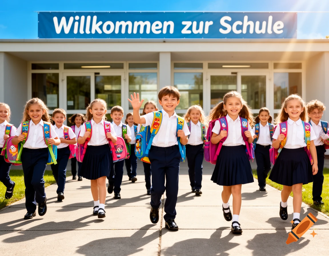 A group of happy elementary school children with colorful backpacks walk towards a school building under a sign that says 'Willkommen zur Schule'.
