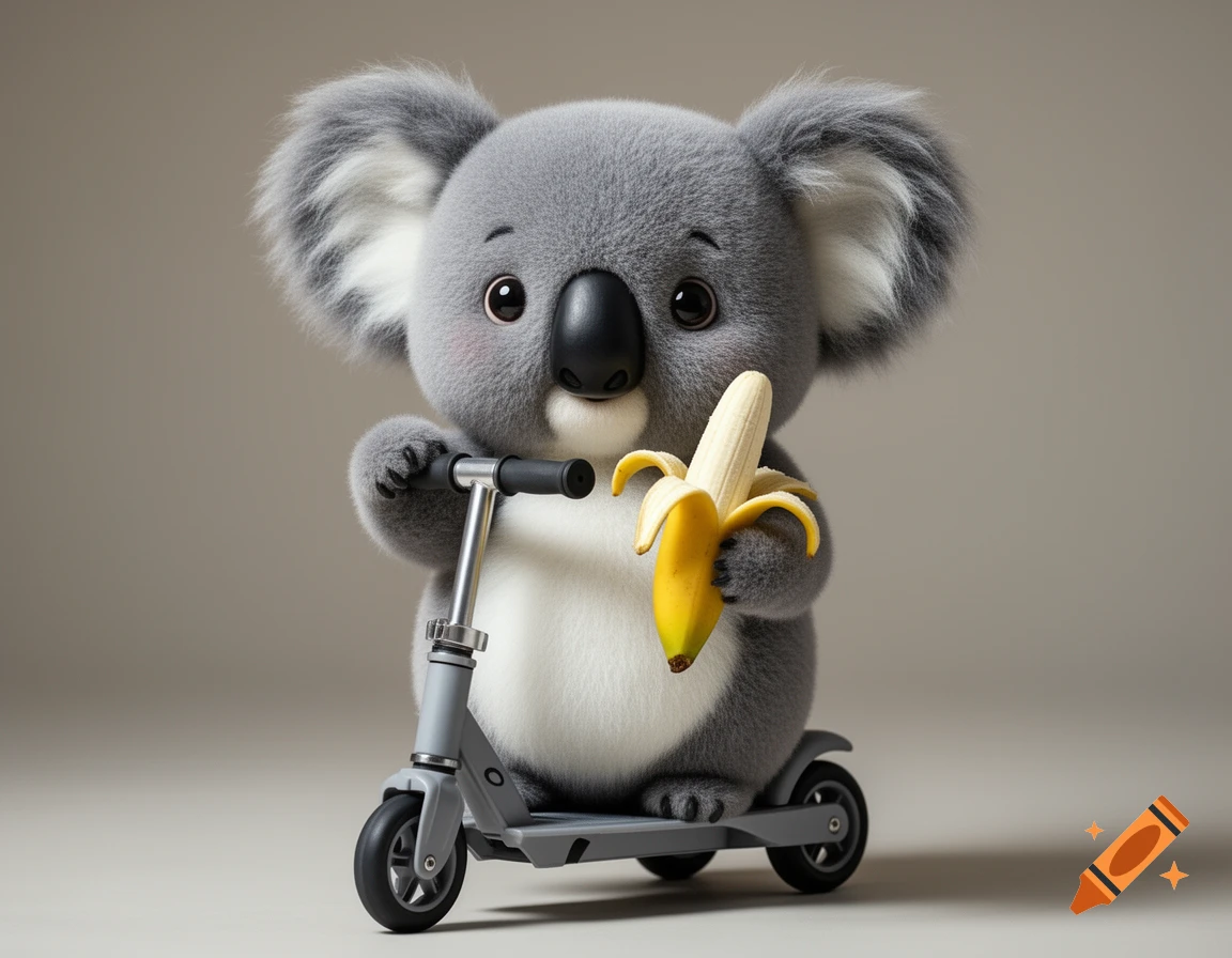 A cute, fluffy koala with soft gray fur sits on a gray scooter, holding a peeled yellow banana in a studio shot.