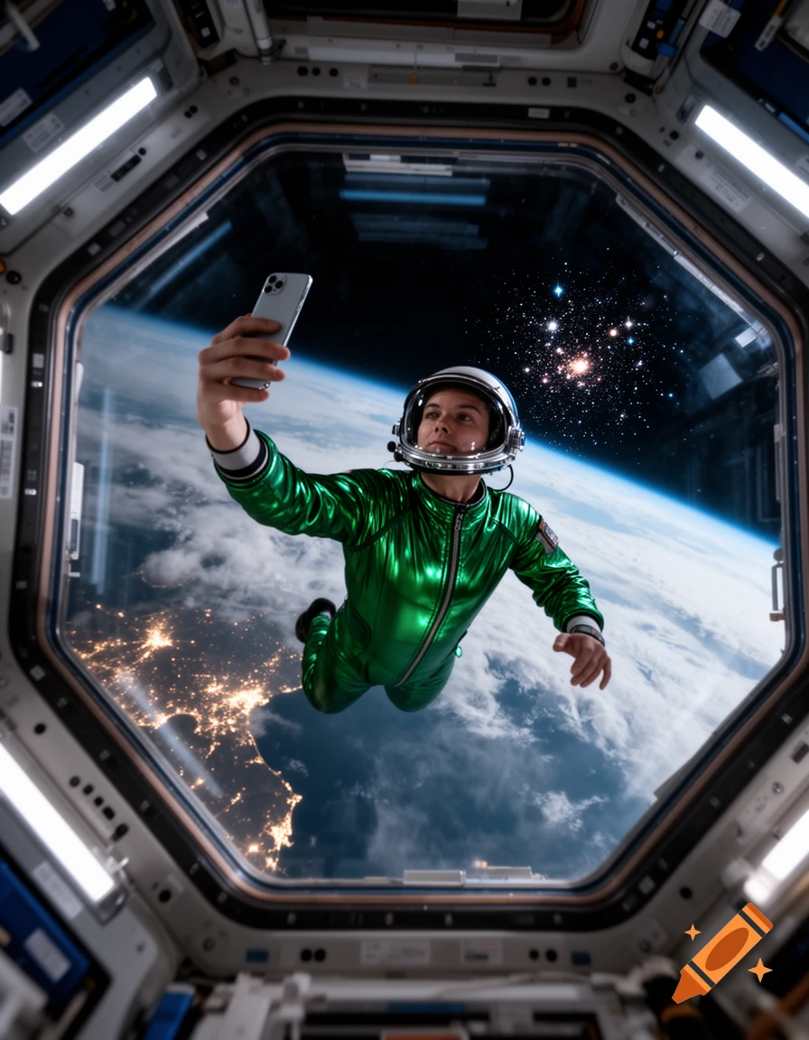 A person in a green metallic suit and helmet takes a selfie with a smartphone in space, with Earth and city lights visible through a hexagonal window.
