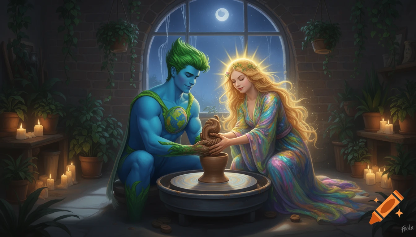 Captain Planet and Gaia create pottery at a potter's wheel, bathed in moonlight, surrounded by plants and candles.