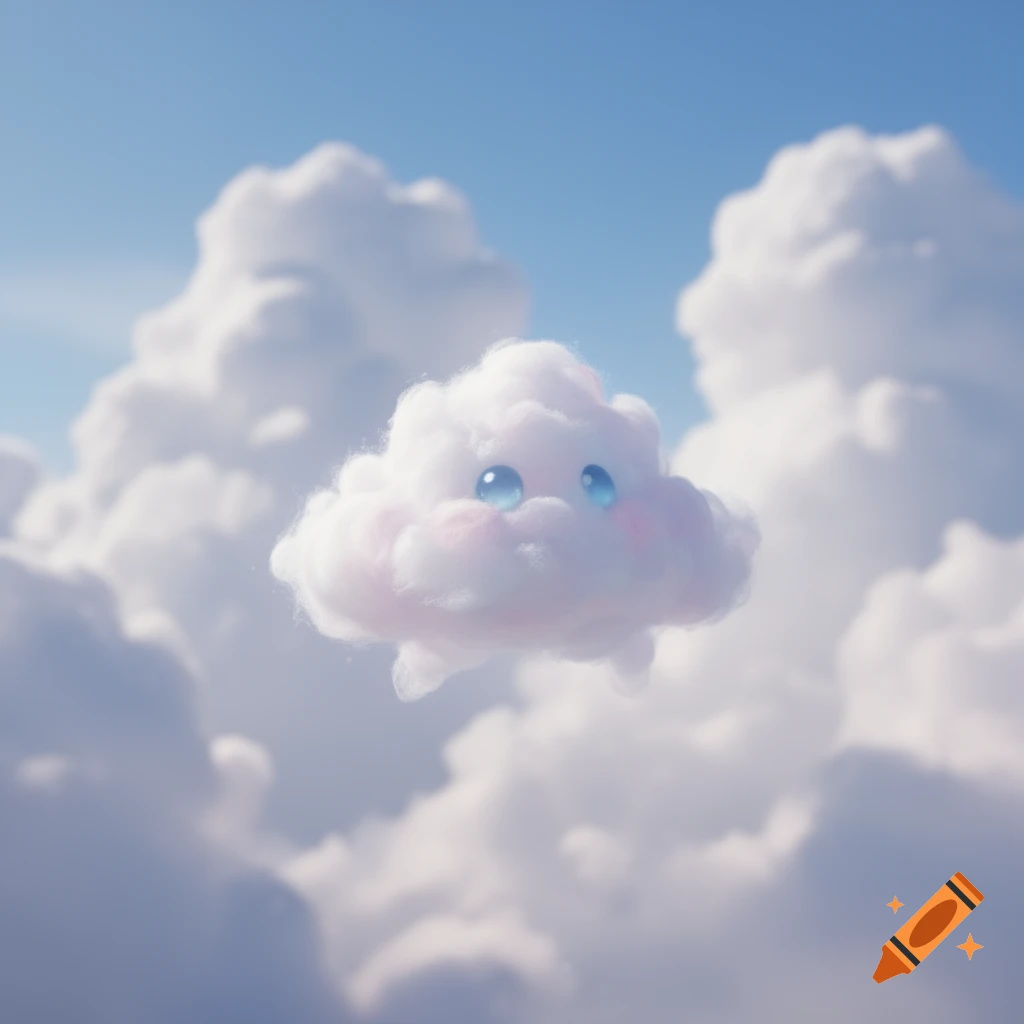 A fluffy, cute cloud creature with big blue eyes and pink cheeks floats in a blue sky among white clouds.