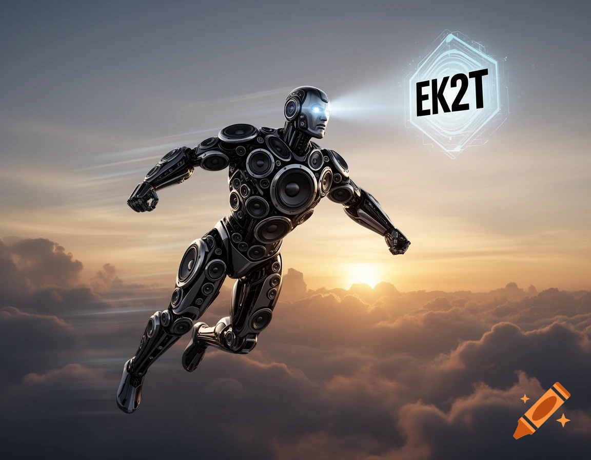 A photorealistic robot made of speakers flies above clouds at sunset, projecting 'EK2T' from its eyes.