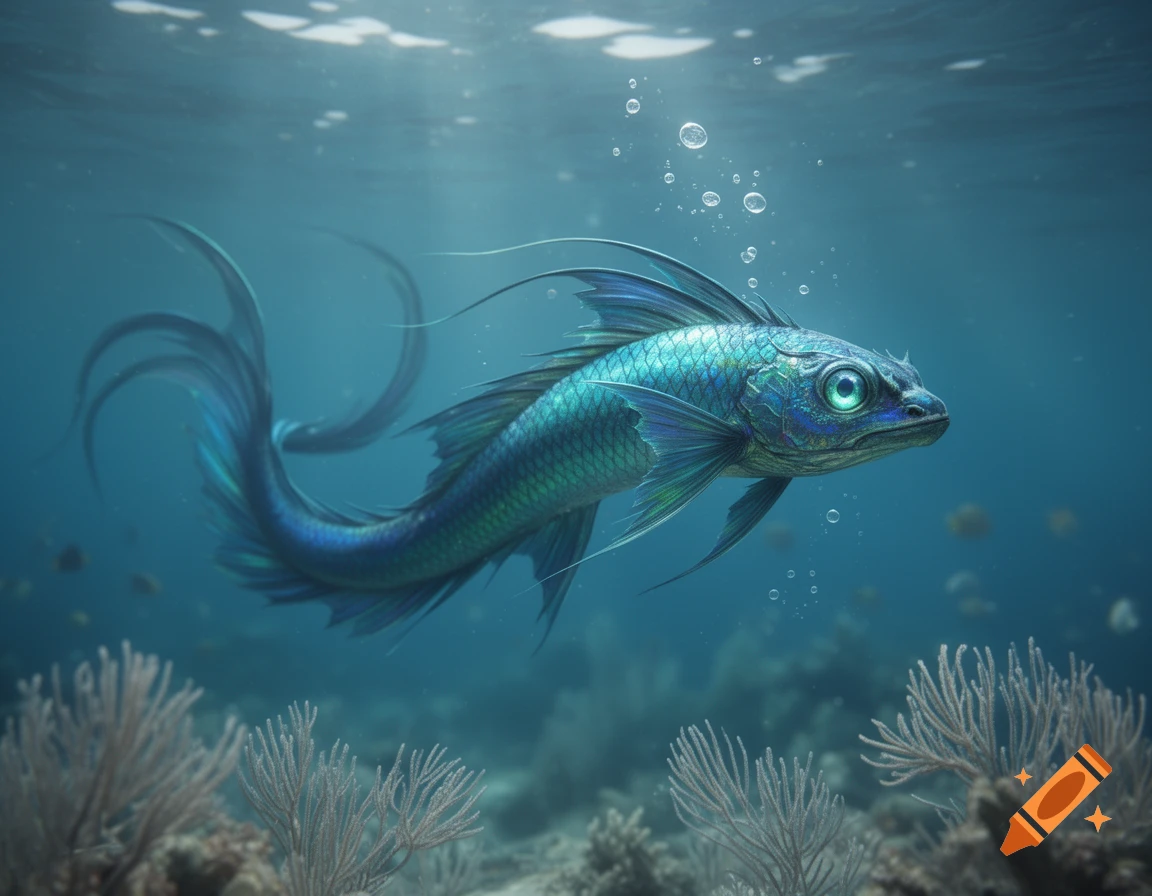 A vibrant blue-green fish-dragon creature with flowing fins swims gracefully underwater above a coral reef.