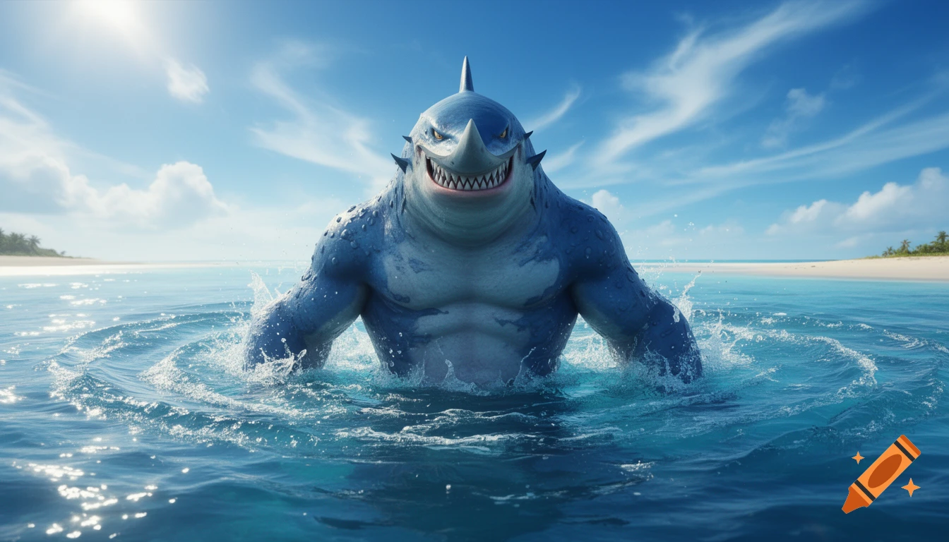 Photorealistic Arlong, a muscular blue shark-man, emerges from clear blue ocean water, splashing. A sunny tropical beach and sky are in the background.