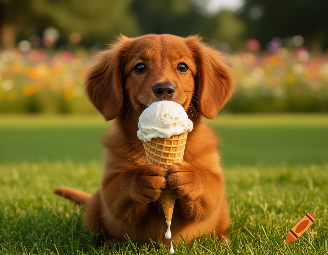 A cute brown puppy sits in a grassy field, happily holding an ice cream cone with a drip falling from it.