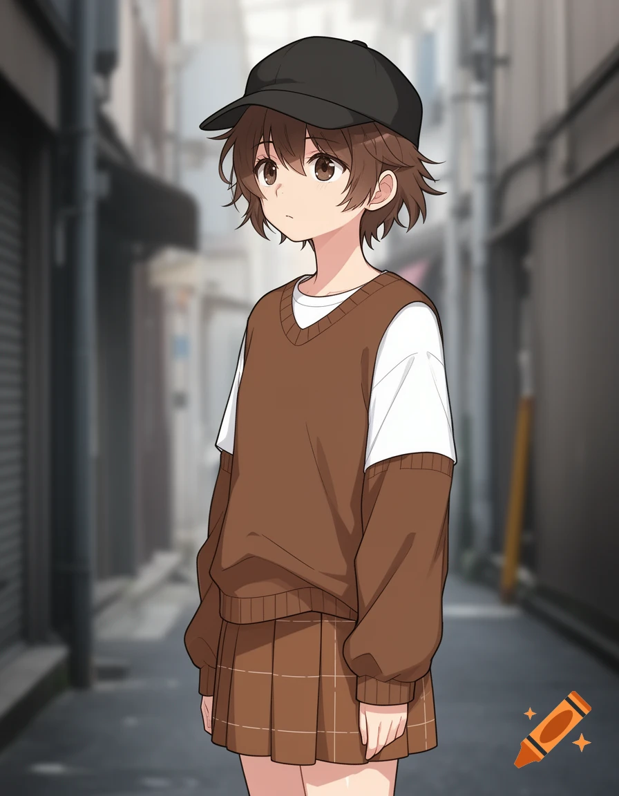 Anime girl with short brown hair, black cap, brown sweater, and plaid skirt, standing in an alley.