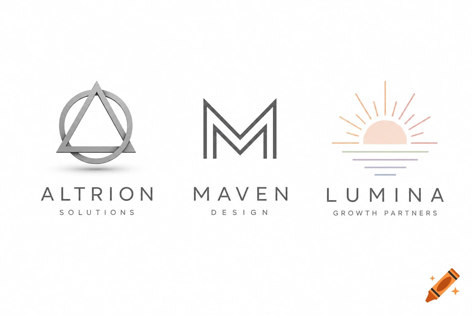 Three minimalistic logos on a white background: a silver triangle in a circle for ALTRION SOLUTIONS, a stylized M for MAVEN DESIGN, and a sunrise over lines for LUMINA GROWTH PARTNERS.
